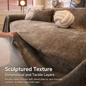 Housse de canapé de luxe avec franges, jeté de meuble épais double face texturé neutre