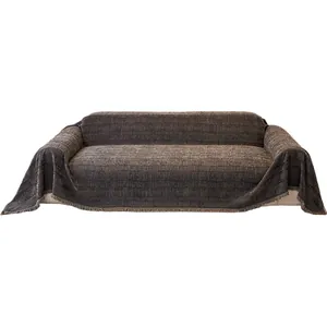 Housse de canapé gris foncé de luxe avec tissage épais et bordures à franges élégantes