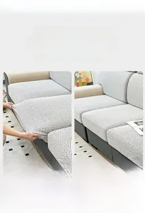Detail of chenille sofa cover with herringbone pattern and 360 elastic fit installation