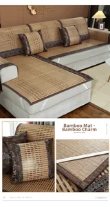 Détail d'un tapis de canapé en bambou avec bordure fleurie et sangles antidérapantes
