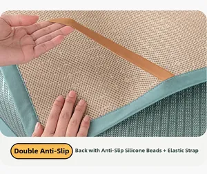 Detail of non-slip silicone particles and elastic strap on summer ice silk sofa mat