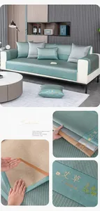 Detail showing green woven ice silk sofa mat with herbal embroidery and non-slip backing