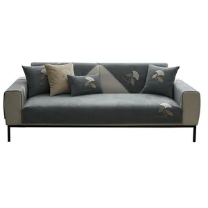 Gray-blue chenille sofa cover set with gold ginkgo leaf embroidery and decorative pillows