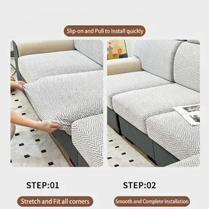 Installation steps for high-stretch chenille sofa cover with black and white chevron pattern