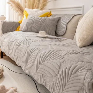 Modern French Milk Fleece Sofa Cushion 3D Leaf Embossed Thickened Warm Anti Slip Couch Cover For Living Room Decorative Protective Towel