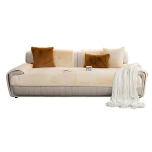 Luxurious cream mink faux fur sofa cover set with brown cushions and tassels