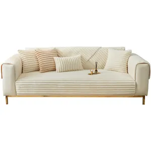 Housse de canapé épaisse en peluche blanc crème avec texture rayée antidérapante
