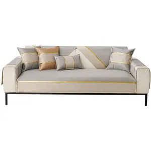 Cooling ice silk sofa cover set with anti-slip mats and luxury pillows in grey and cream