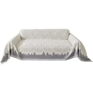 Nordic cat-proof sofa cover throw with pine forest pattern and fringe details