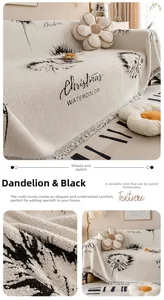 Détail de la housse de canapé en chenille avec motif pissenlit noir et franges