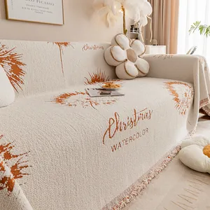Housse de Canapé en Chenille Antidérapante Serviette de Canapé Avec Glands Motif Pissenlit Design Noël Aquarelle Couverture de Meubles Pour Salon