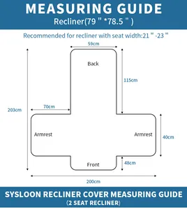 Measuring guide for two-seat recliner cover showing detailed dimensions and sizing info