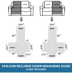 Detailed measuring guide for 3-seat recliner sofa cover showing exact product dimensions