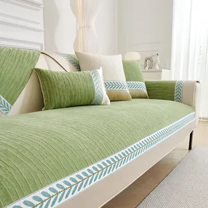Modern Chenille Bankkussen Anti-Kras Dik Gestreept Bankovertrek Bladpatroon Rand Antislip Meubelbeschermer Woondecoratie