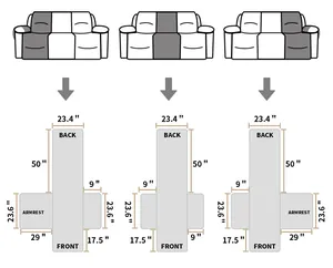Size chart showing dimensions for reclining sofa cover pieces in inches for perfect fit