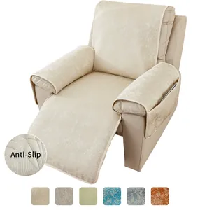 Close-up of anti-slip backing on cream reclining sofa cover with texture detail
