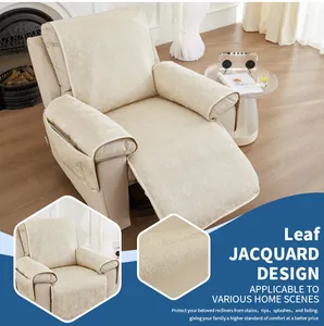 Detail of beige leaf jacquard recliner cover showing textured fabric and side pocket