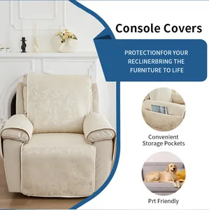 Detail of beige textured recliner cover with side storage pocket for pet-friendly protection