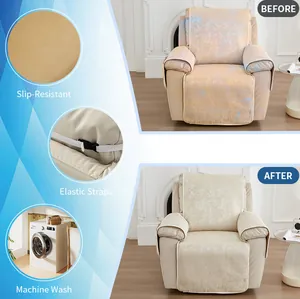 Detail view of anti-slip backing and elastic straps for functional recliner sofa cover