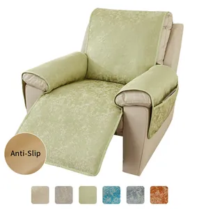 Detail of light green non-slip recliner cover with side pocket and multi-color options