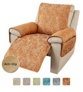 Macro detail of anti-slip backing on orange chenille recliner cover with storage pocket