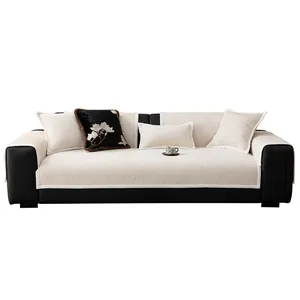 Minimalist chenille sofa cover set with anti-slip stripes and magnolia pattern pillows