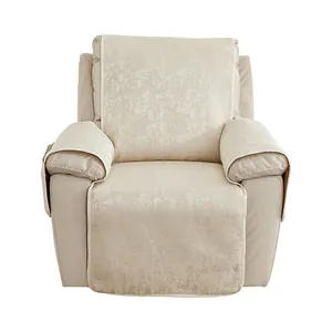 Universal beige recliner chair cover in textured chenille with side storage pockets