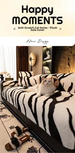 Detail of zebra pattern rabbit plush sofa cover with anti-scratch fabric texture