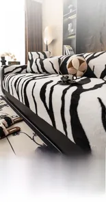 Close-up of zebra pattern plush sofa cover showing formaldehyde and fluorescence test results