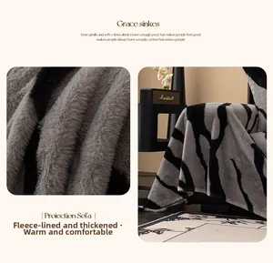 Close-up of zebra pattern plush sofa cover showing soft thick faux fur texture and warmth