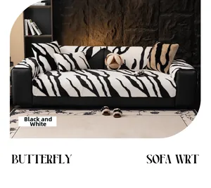 Close-up of zebra pattern plush sofa cover set with soft faux fur texture and pillows