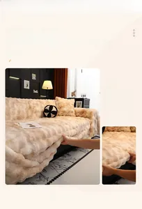 Close-up of soft tie-dye rabbit fur sofa cover and velvet texture in a cozy living room