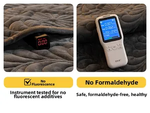 Detail view of plush sofa cover showing zero fluorescence and low formaldehyde test results