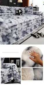 Detailed view of plush blue and white tie-dye faux rabbit fur sofa cover texture