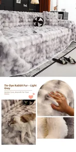 Close-up of thick light gray tie-dye faux rabbit fur sofa cover with textured plush fabric