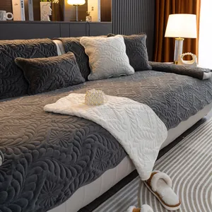Solid Color Crystal Velvet Thickened Non-Slip Quilted Sofa Cover Nordic Floral Embossed Plush Winter Warm Sofa Cushion For Living Room