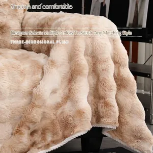 Tie-dye plush sofa cover with wave texture in beige, thick non-slip winter throw blanket