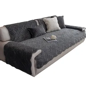 Deep grey quilted short plush sofa cover set with embossed floral texture and non-slip back