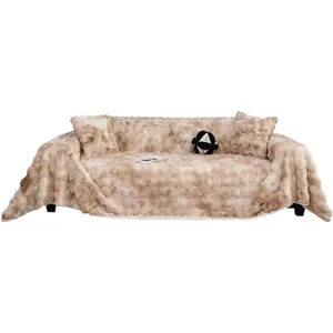 Tie-dye faux rabbit fur sofa cover set with plush texture and decorative lace trim