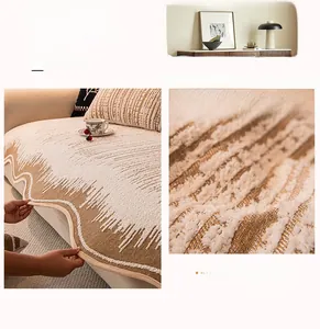 Detailed macro view of khaki wavy edge plush sofa cover with textured tufted fabric