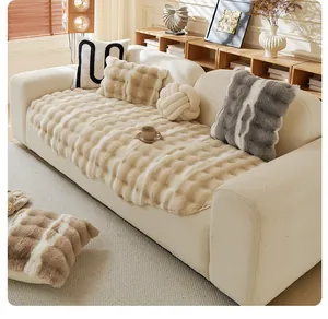 Thick plush rabbit fur sofa cover with milk tea block pattern and soft texture
