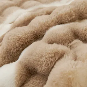 Thick plush rabbit fur sofa cover with tan and white gradient stripes for winter