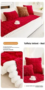 Macro detail of red velvet sofa cushion with geometric texture and white pom-pom trim