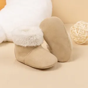 Khaki baby boots with plush fleece lining and soft sole for warm infant walking comfort