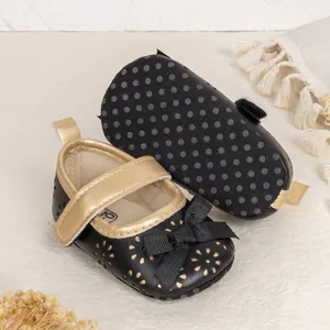 Baby princess shoes with black gold floral print, ribbon bow and non-slip soft soles