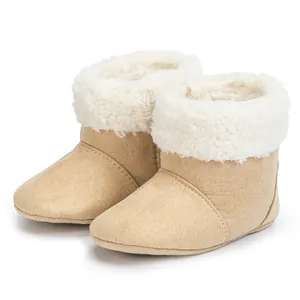 Khaki warm baby boots with soft soles and white faux sheepskin lining for infants