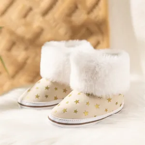 Baby Snow Boots Faux Fur Trim Cotton Fabric Star Print Soft Sole Non-slip Warm Infant Toddler Prewalker Winter Shoes