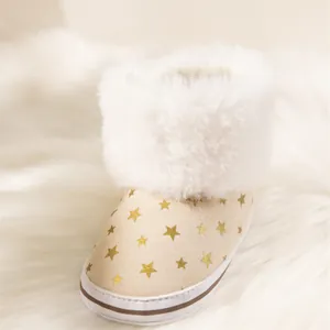 Warm baby snow boots with gold star prints, soft anti-slip soles and faux fur lining
