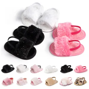 Detailed grid showing soft infant plush slippers with glitter fur and elastic heel straps