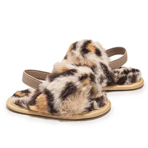 Detail of baby plush leopard print sandals with elastic backstrap and soft non-slip sole